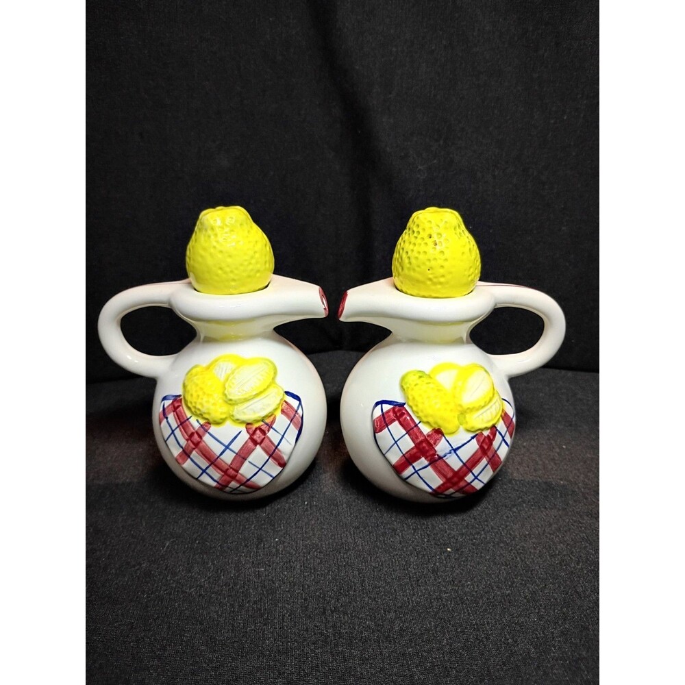 Lemon Oil Vinegar Cruet Set Ceramic Pitchers Plaid Gingham Country Kitchen
